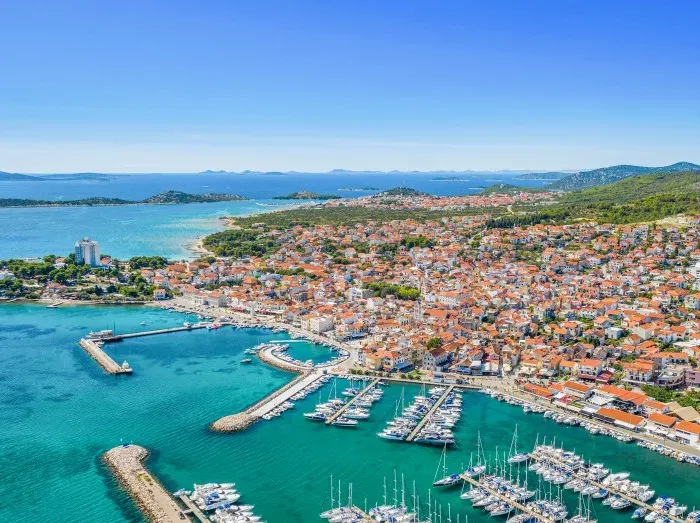 Vodice from the air: the old town, the waterfront and the marina