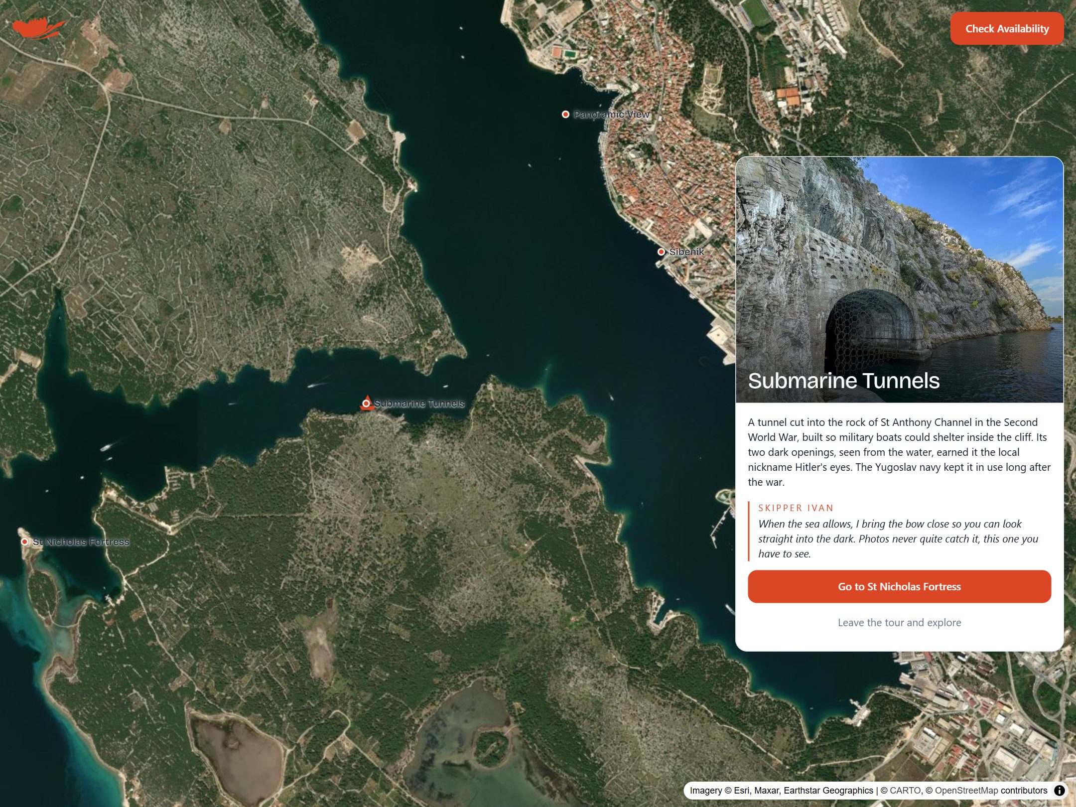 The Ardura live map: satellite view of the St. Anthony Channel with a stop card for the submarine tunnels
